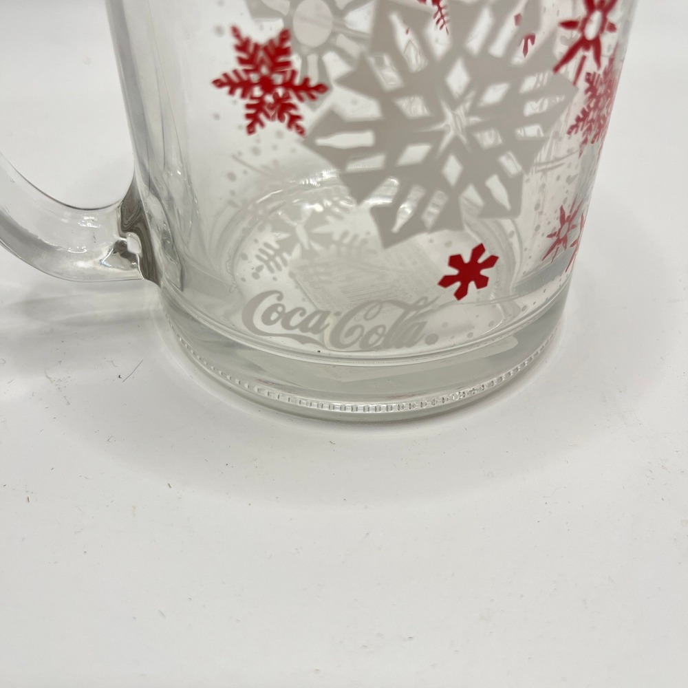 Coca-Cola Libbey Glass Mug Snowflake Christmas Red White Clear Coffee Cup 5213 - Picture 2 of 5